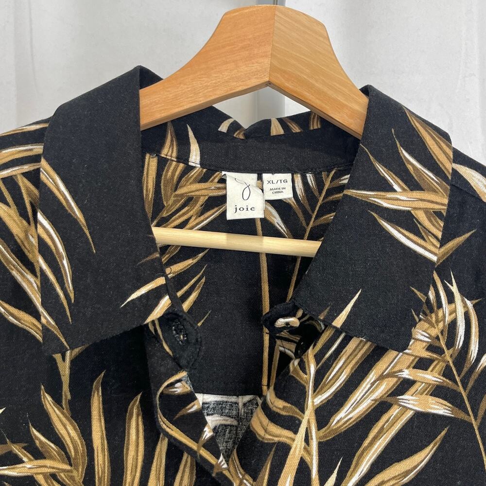 JOIE XL Leaf Print Button Up Long Sleeve Tunic Shirt Linen Blend Black Brown - Picture 4 of 11